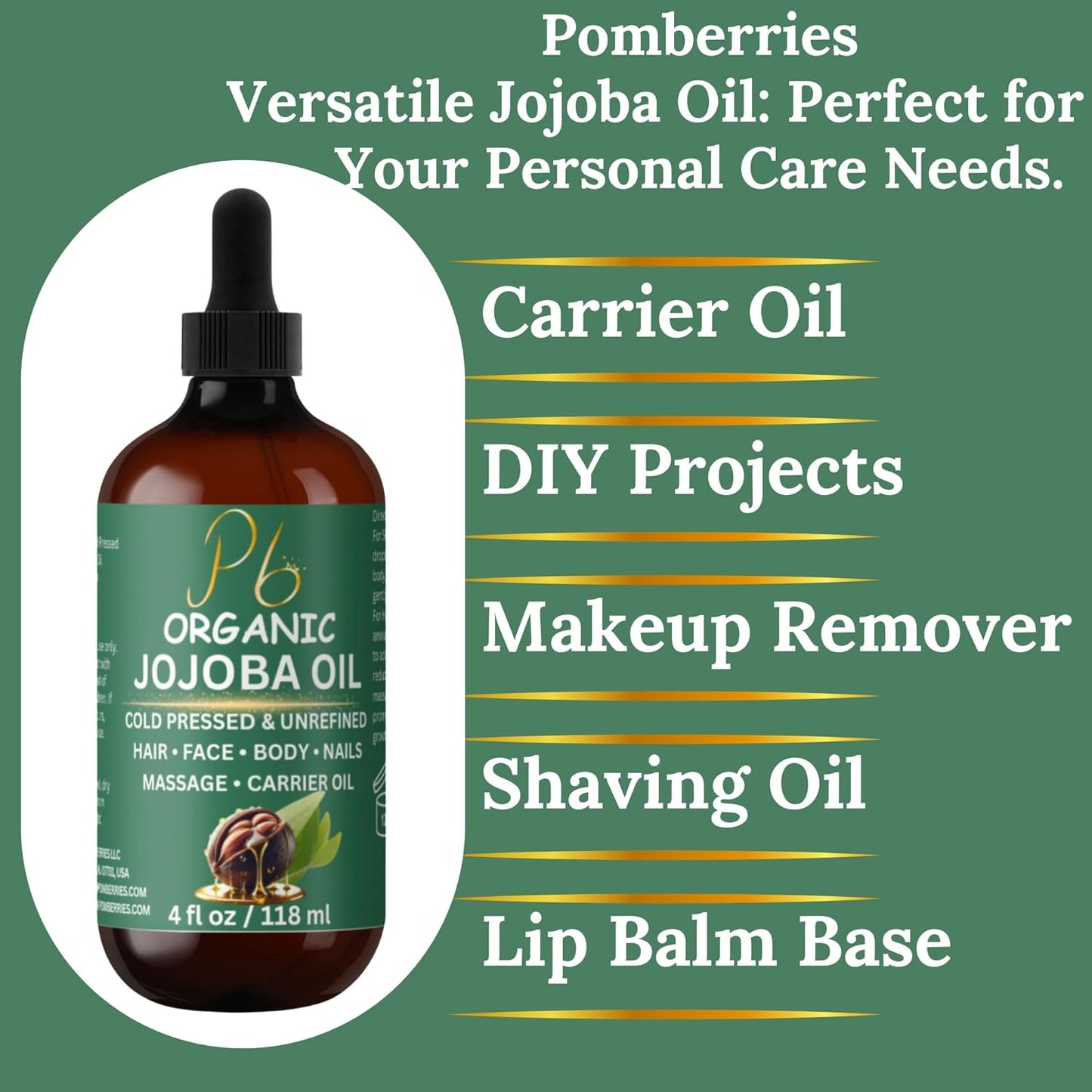 Organic Golden Jojoba Oil – 4 fl oz | Cold-Pressed & Unrefined | Face, Hair & Skin Moisturizer | Non-Comedogenic, Fast-Absorbing | Pure Carrier Oil in Amber Glass Bottle