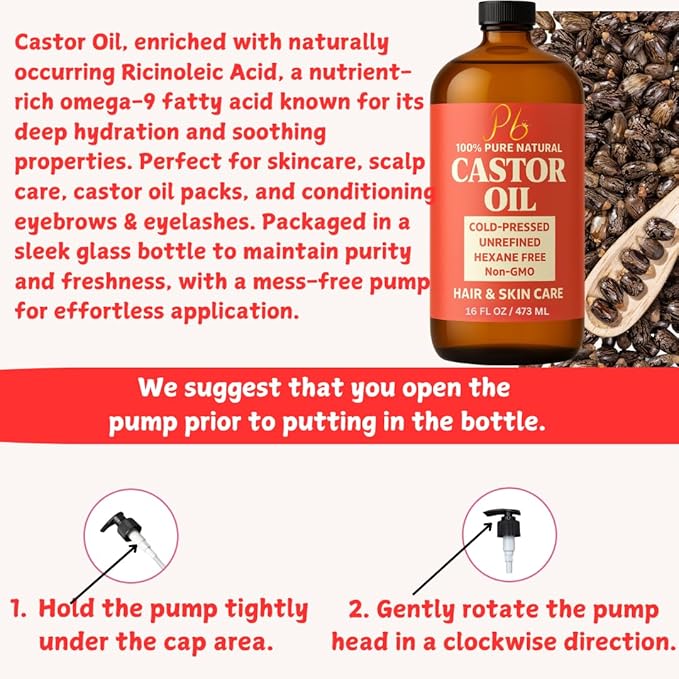 Castor Oil – 16 fl oz Glass Bottle with Pump | 100% Pure, Cold-Pressed, Unrefined, Hair Growth Oil, Eyelash & Eyebrow Serum, Skin & Scalp Moisturizer, Carrier Oil & Castor Oil Pack Wraps