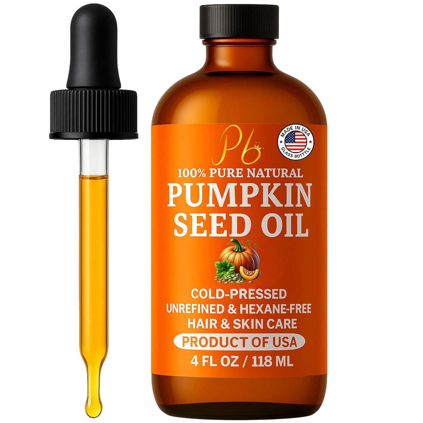Pumpkin Seed Oil – Cold-Pressed & 100% Pure, Unrefined, Pumpkin Oil for Hair Growth, Dry Skin & Face – Natural Anti-Aging Moisturizer & Hair Oil for Dry, Damaged Hair – Glass Bottle, 4 fl oz