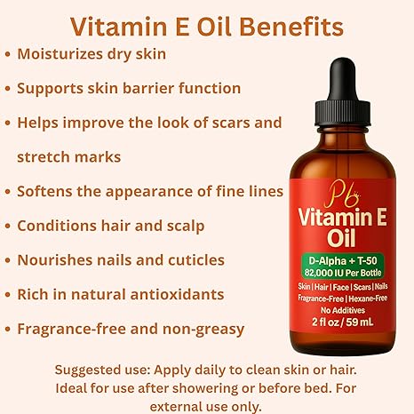 Vitamin E Oil – 82,000 IU | Broad-Spectrum Tocopherols (D-Alpha, Gamma, Beta, Delta) | Scar, Stretch Mark & Dry Skin Care | Face, Hair, Body & Massage – 2 fl oz Glass Bottle, Made in USA