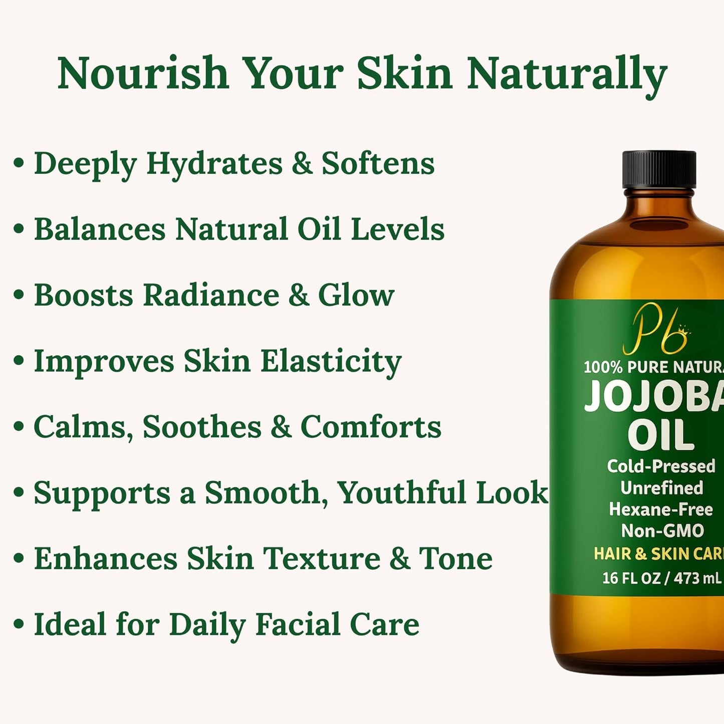 Jojoba Oil – 16 fl oz Glass Bottle with Pump – Cold-Pressed, Unrefined & Hexane-Free Jojoba Oil for Hair, Skin & Face – Natural Moisturizer & Lightweight Carrier Oil for Essential Oils & Massage