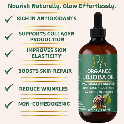 Organic Golden Jojoba Oil – 4 fl oz | Cold-Pressed & Unrefined | Face, Hair & Skin Moisturizer | Non-Comedogenic, Fast-Absorbing | Pure Carrier Oil in Amber Glass Bottle