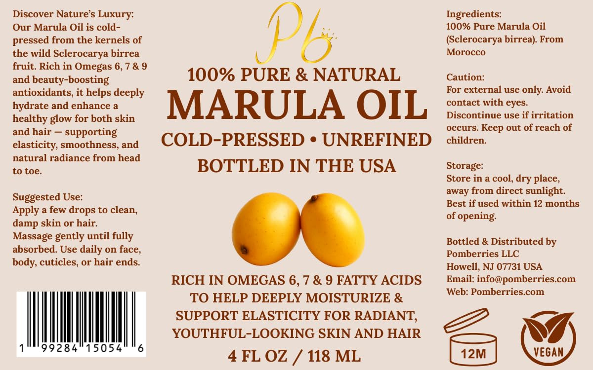 Pomberries Marula Oil 4 fl oz | 100% Pure Cold-Pressed Marula Oil for Face, Hair & Body | Glass Bottle | Sourced from Morocco | Bottled in USA