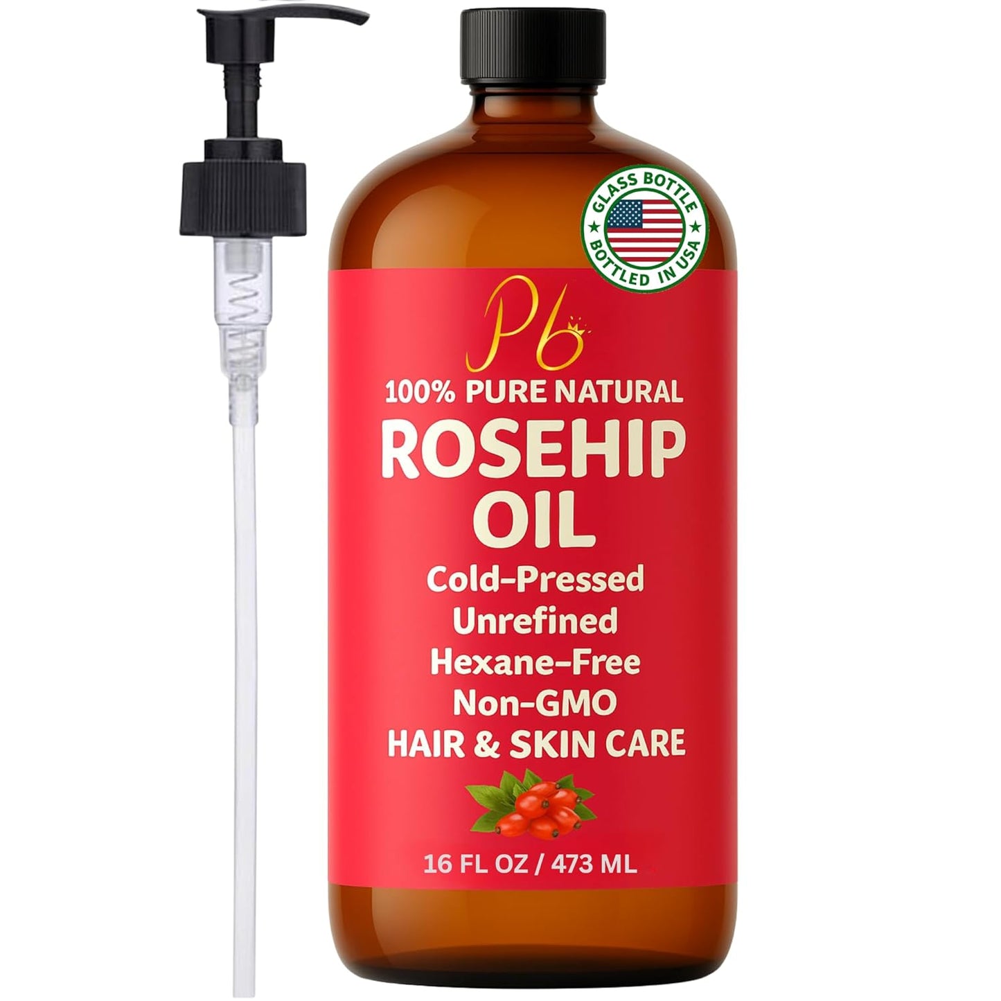 Rosehip Oil – 16 fl oz Glass Bottle with Pump – Cold-Pressed & Unrefined, Rosehip Oil for Face, Skin & Hair – Natural Moisturizer for Scars, Wrinkles, Stretch Marks & Gua Sha Massage