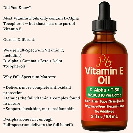 Vitamin E Oil – 82,000 IU | Broad-Spectrum Tocopherols (D-Alpha, Gamma, Beta, Delta) | Scar, Stretch Mark & Dry Skin Care | Face, Hair, Body & Massage – 2 fl oz Glass Bottle, Made in USA