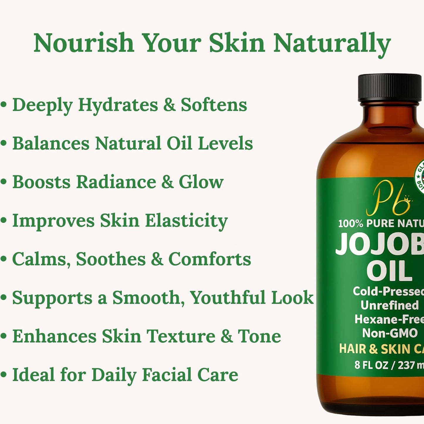 Jojoba Oil – 8 fl oz Glass Bottle – Cold-Pressed, Unrefined & Hexane-Free Jojoba Oil for Hair, Skin & Face – Natural Moisturizer & Lightweight Carrier Oil for Essential Oils, Scalp Care & Massage