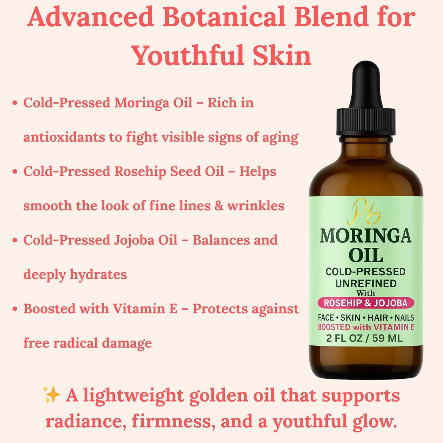 Moringa Oil Face Serum for Women with Rosehip, Jojoba & Vitamin E – Cold-Pressed, Unrefined & Lightweight Face Oil Serum – Hydrating, Anti-Aging & Moisturizing Skin Care for Healthy-Looking Skin
