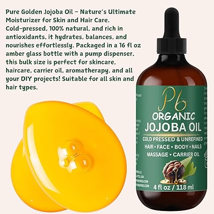 Organic Golden Jojoba Oil – 4 fl oz | Cold-Pressed & Unrefined | Face, Hair & Skin Moisturizer | Non-Comedogenic, Fast-Absorbing | Pure Carrier Oil in Amber Glass Bottle