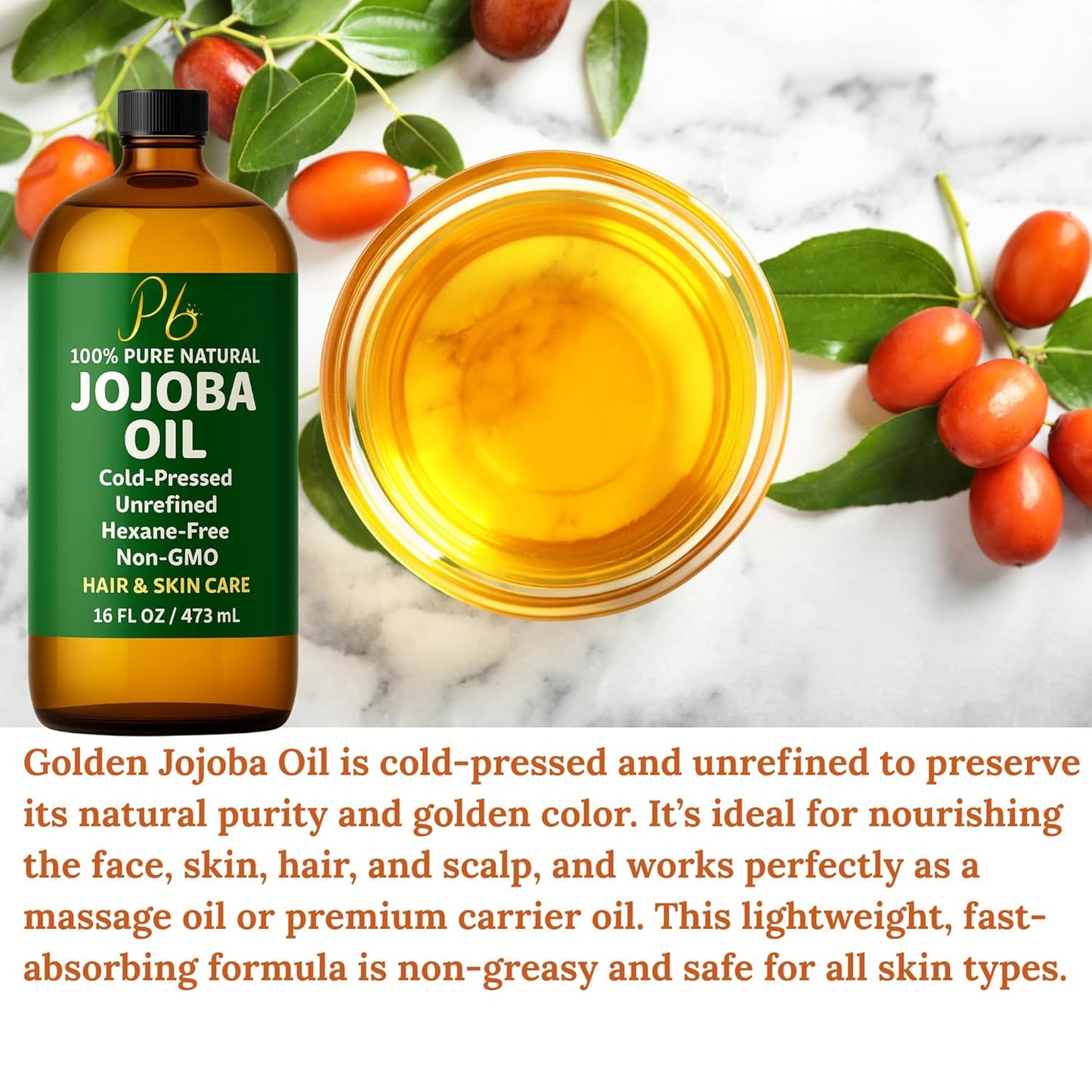 Jojoba Oil – 16 fl oz Glass Bottle with Pump – Cold-Pressed, Unrefined & Hexane-Free Jojoba Oil for Hair, Skin & Face – Natural Moisturizer & Lightweight Carrier Oil for Essential Oils & Massage