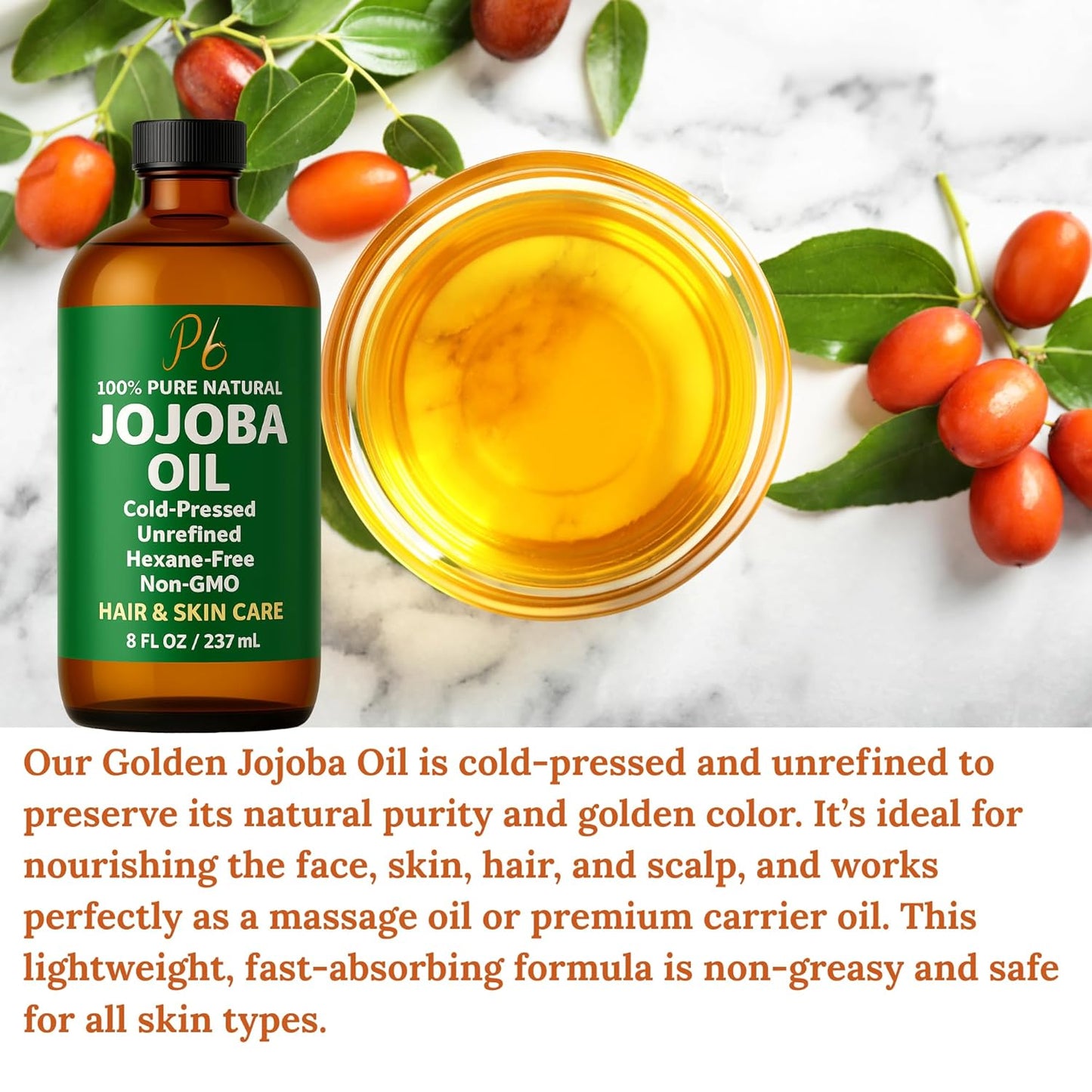 Jojoba Oil – 8 fl oz Glass Bottle – Cold-Pressed, Unrefined & Hexane-Free Jojoba Oil for Hair, Skin & Face – Natural Moisturizer & Lightweight Carrier Oil for Essential Oils, Scalp Care & Massage