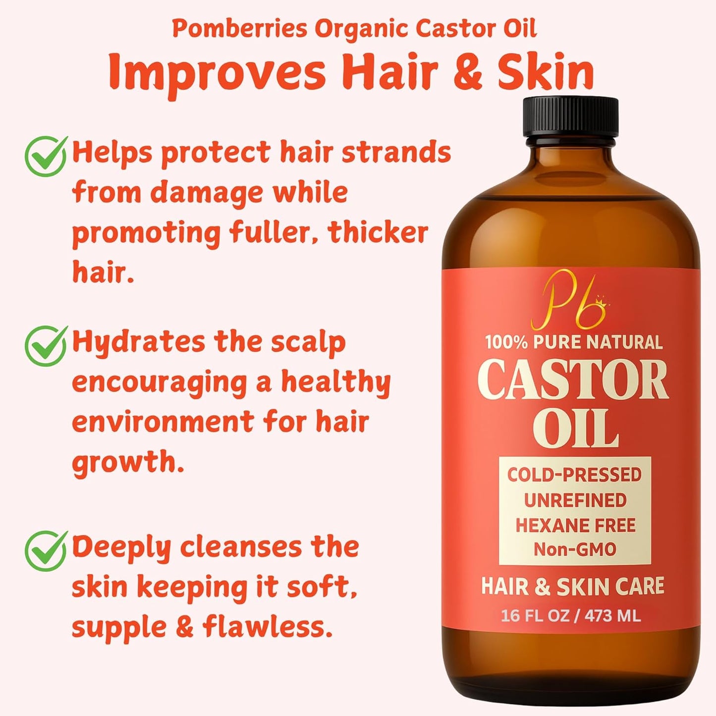 Castor Oil – 16 fl oz Glass Bottle with Pump | 100% Pure, Cold-Pressed, Unrefined, Hair Growth Oil, Eyelash & Eyebrow Serum, Skin & Scalp Moisturizer, Carrier Oil & Castor Oil Pack Wraps