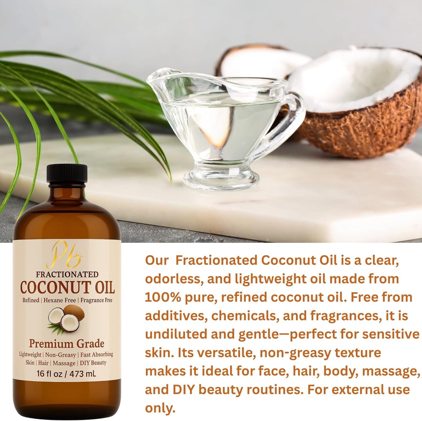 Fractionated Coconut Oil – 16 fl oz Glass Bottle with Pump | 100% Pure & Natural, Lightweight Cold-Pressed Carrier Oil for Skin, Hair & Body | Massage, Aromatherapy & DIY Skincare