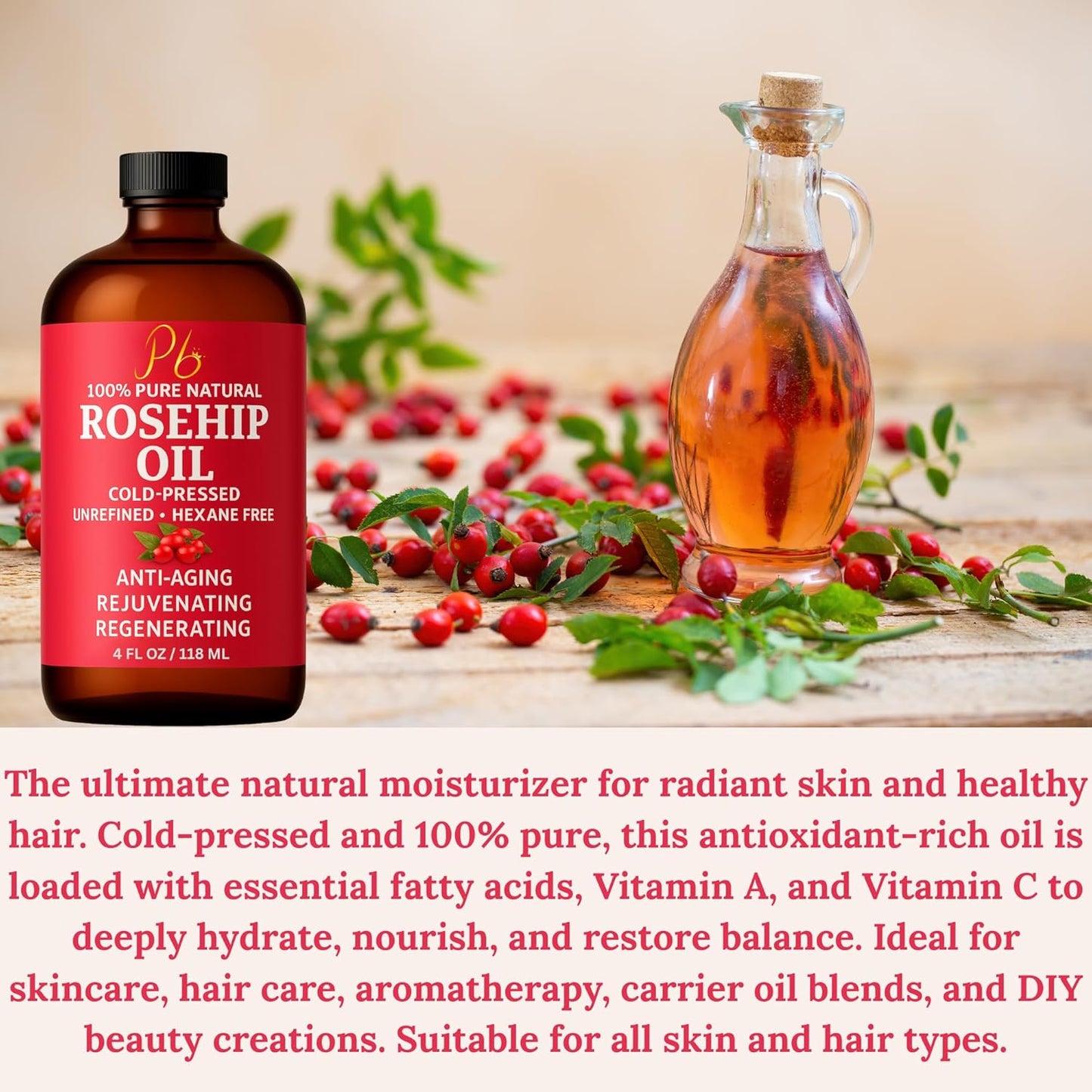 Rosehip Oil – Cold-Pressed & Unrefined, Rosehip Oil for Face, Skin & Hair – Rose hip oil for Scars, Wrinkles, Stretch Marks, Daily Hydration & Gua Sha Massage, 4 fl oz