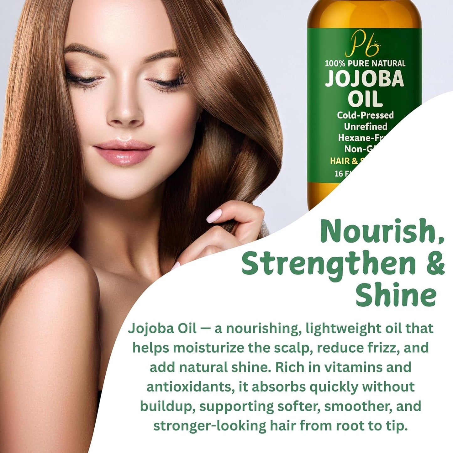 Jojoba Oil – 16 fl oz Glass Bottle with Pump – Cold-Pressed, Unrefined & Hexane-Free Jojoba Oil for Hair, Skin & Face – Natural Moisturizer & Lightweight Carrier Oil for Essential Oils & Massage