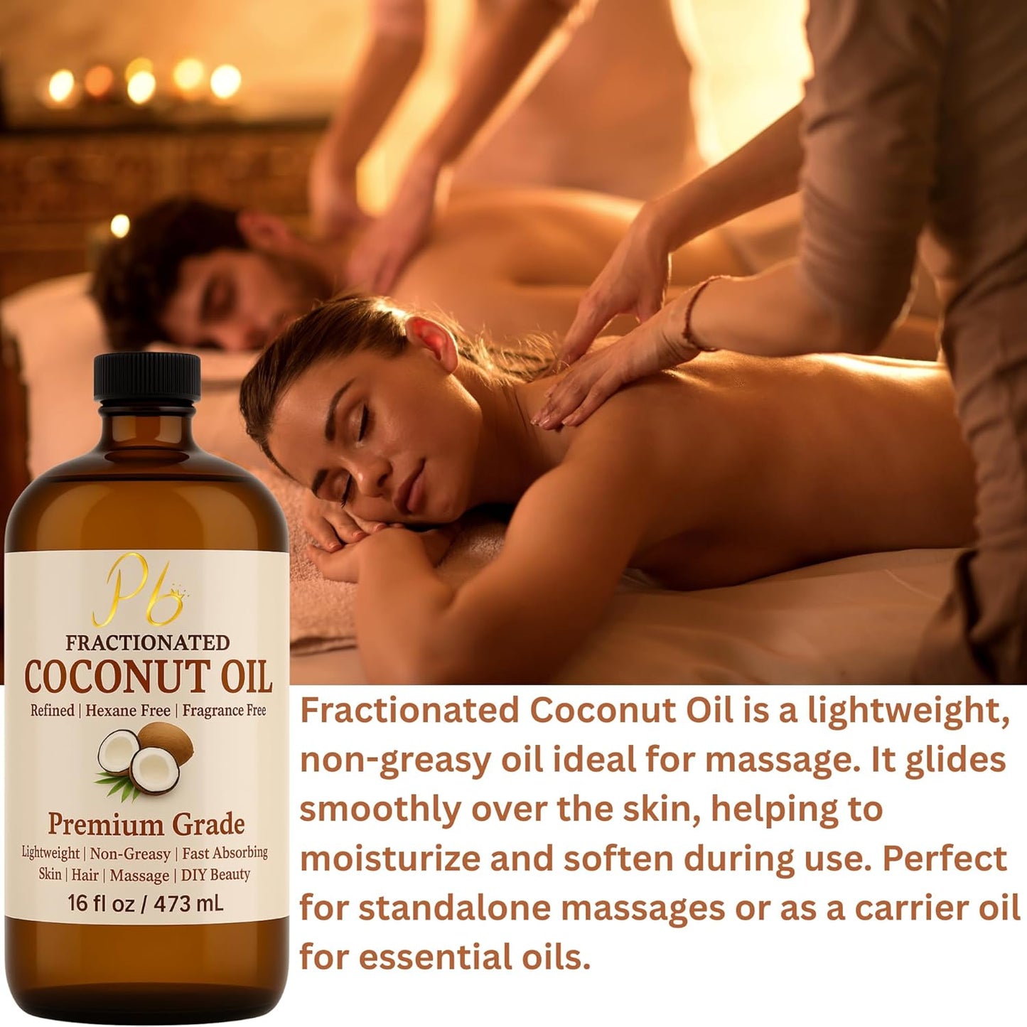Fractionated Coconut Oil – 16 fl oz Glass Bottle with Pump | 100% Pure & Natural, Lightweight Cold-Pressed Carrier Oil for Skin, Hair & Body | Massage, Aromatherapy & DIY Skincare