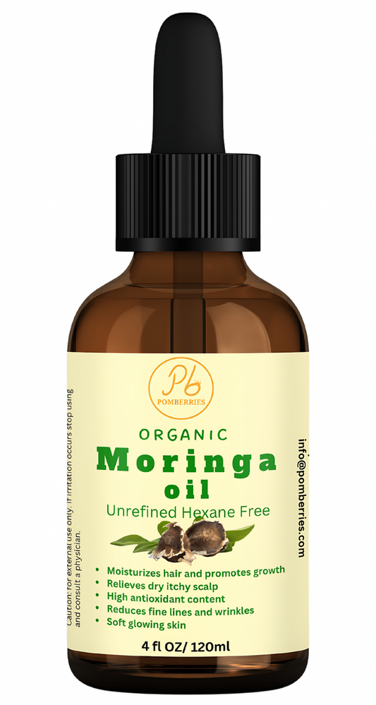 Pomberries Organic Moringa Oil, Cold Pressed, Extra Virgin, 100% Pure Natural for Hair, Skin by Pomberries 4 fl oz Amber Glass Bottle