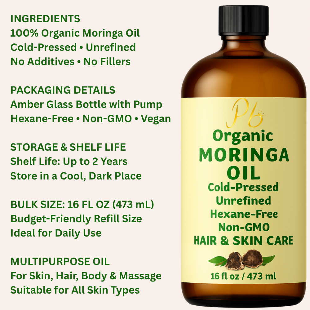 Organic Moringa Oil – 16 fl oz Bulk Size | Cold-Pressed & Unrefined | Anti-Aging Facial Oil | Wrinkle Reduction, Skin Firming, Hair & Scalp Moisturizer | Glass Bottle with Pump