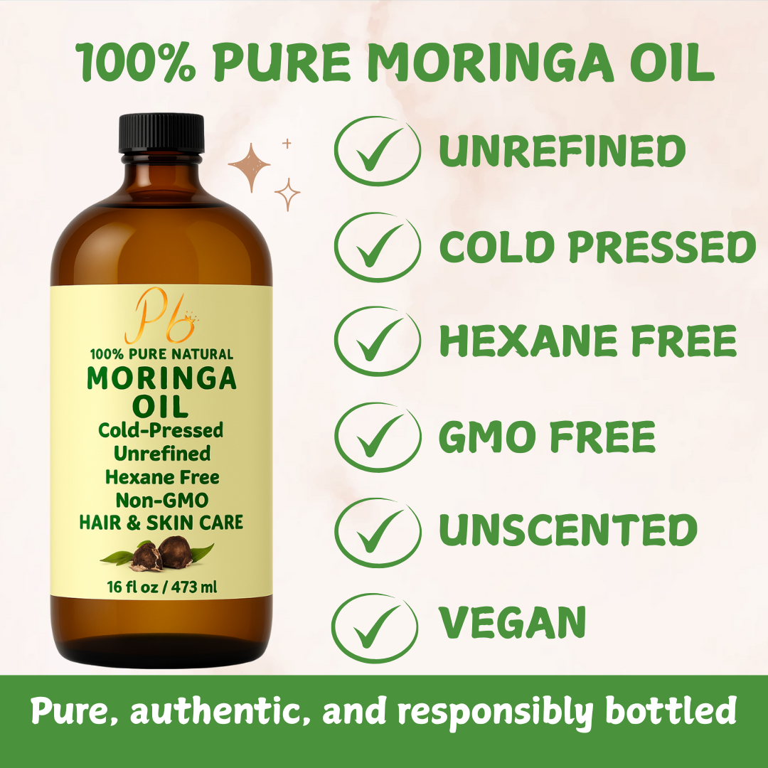 Moringa Oil – 100% Pure, Cold-Pressed & Unrefined – Moringa Seed Oil for Face, Skin, Hair & Body – Hydrating, Anti-Aging Moisturizer – 16 fl oz Amber Glass Bottle with Pump