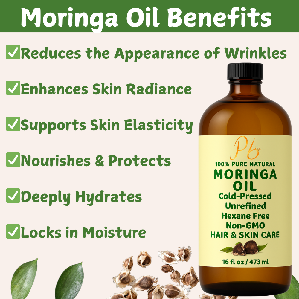 Moringa Oil – 100% Pure, Cold-Pressed & Unrefined – Moringa Seed Oil for Face, Skin, Hair & Body – Hydrating, Anti-Aging Moisturizer – 16 fl oz Amber Glass Bottle with Pump