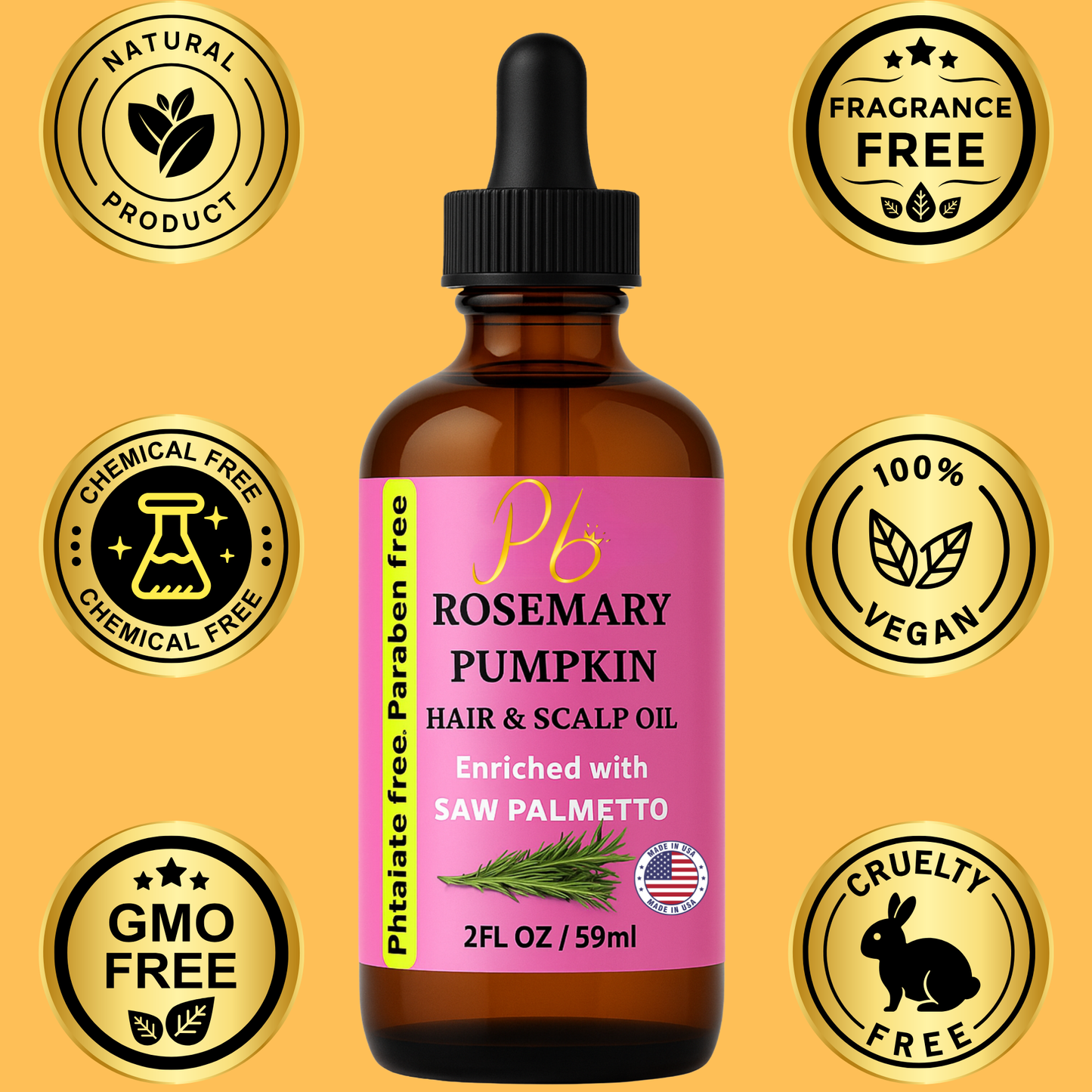 Rosemary Hair Oil – Rosemary & Pumpkin Seed Oil for Hair & Scalp – With Saw Palmetto, Mint & Vitamin E – Deep Conditioning & Nourishing, - Rosemary Oil 2 fl oz