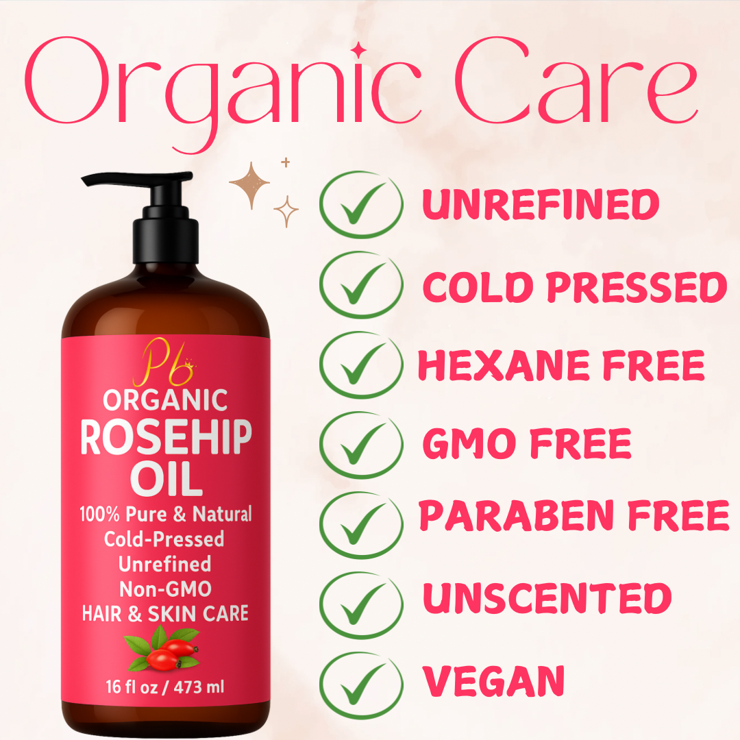 Organic Cold Pressed Rosehip Oil – 16 fl oz | Unrefined, Hexane-Free, Glass Bottle with Pump | Face, Body & Hair Moisturizer | Skin Brightening | Anti-Aging | Dark Spot Support