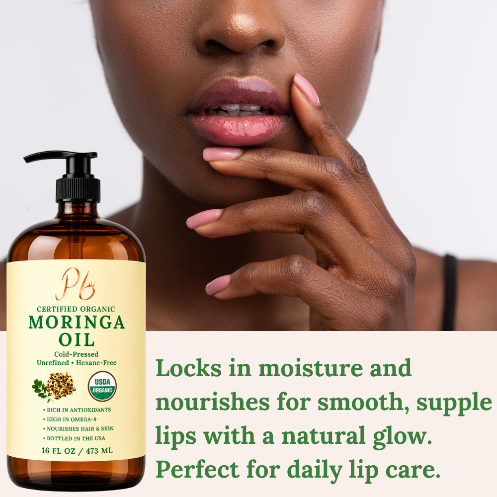 Pomberries USDA Organic Moringa Oil 16 fl oz – Cold-Pressed, Unrefined, Hexane-Free – Hair & Skin Oil – Glass Bottle with Pump – Bottled in USA