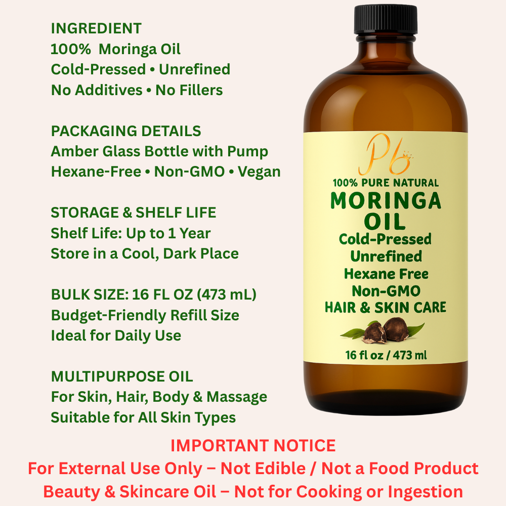 Moringa Oil – 100% Pure, Cold-Pressed & Unrefined – Moringa Seed Oil for Face, Skin, Hair & Body – Hydrating, Anti-Aging Moisturizer – 16 fl oz Amber Glass Bottle with Pump
