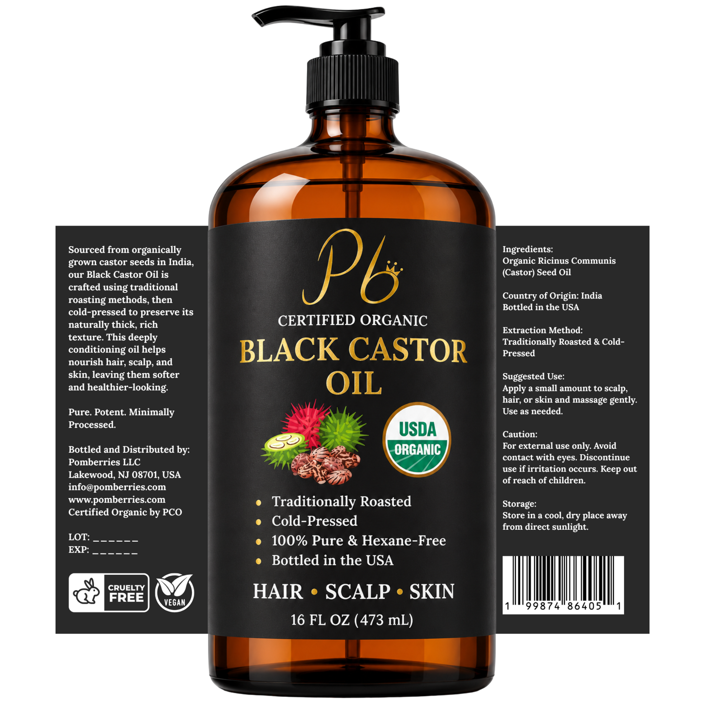 Pomberries USDA Organic Black Castor Oil 16 Fl Oz + Rosemary Essential Oil 10 mL