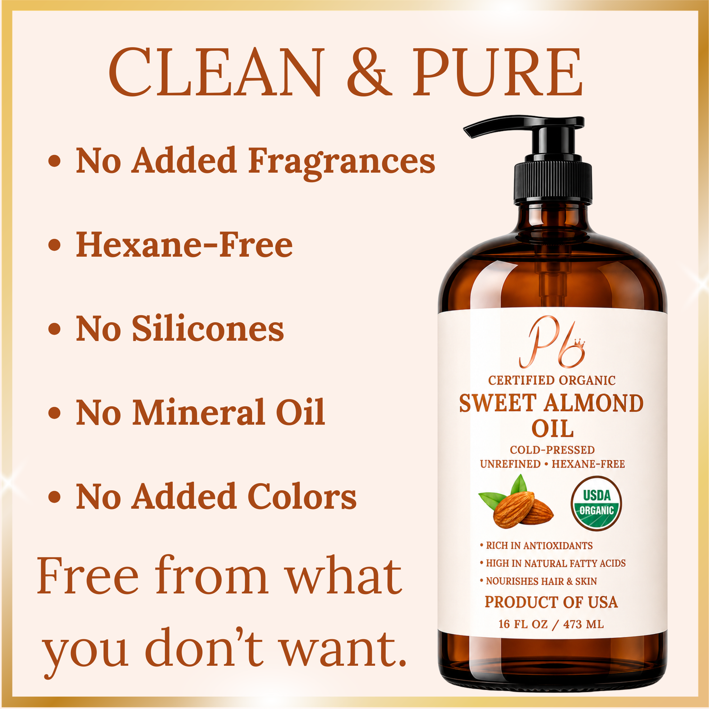 Organic Sweet Almond Oil for Hair & Skin – USDA Organic, Cold-Pressed, Unrefined – California Grown Almond Oil Bottled in USA – 16 fl oz Glass Bottle