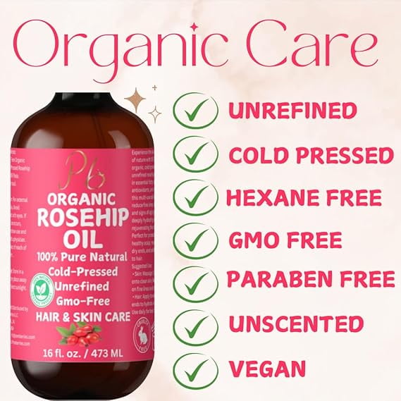 Pomberries Organic Rosehip Seed Oil, 100% Pure & Cold-Pressed, Natural Face Oil for Anti-Aging, Scar Treatment, Skin Moisturizer & Hair Care - Extra Virgin Rosehip Oil 16 fl oz Bulk Glass Bottle with Pump