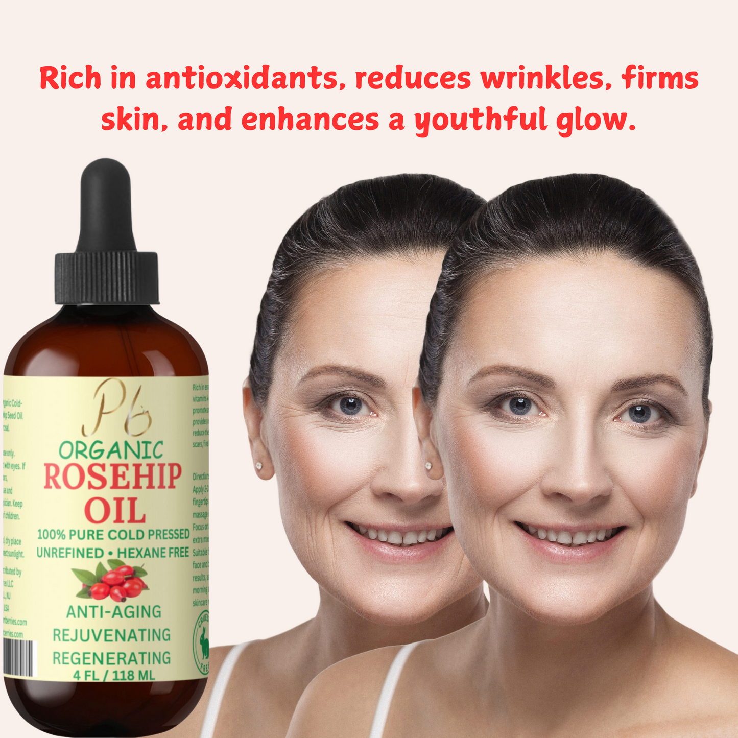 Rosehip Oil for Face & Skin, Organic Rose Hip Seed Face Oil for Anti-Aging, Reduces Appearance of Wrinkles, Rich In Vitamin C, Retinol & Fatty Acids, Carrier Oil- Glass Bottle 4 fl oz