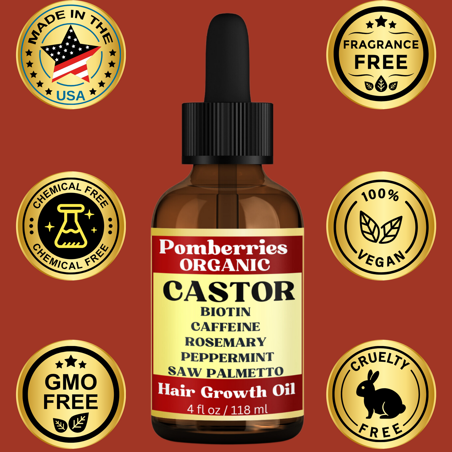 Pomberries Organic Castor Oil with Rosemary, Mint, Caffeine, and Saw Palmetto Scalp & Hair Oil, Treatment, Stimulate Growth for Eyebrows & Hair, Reduce Hair Loss, Revitalize & Strengthen, 4 fl oz( with Scalp Massager)