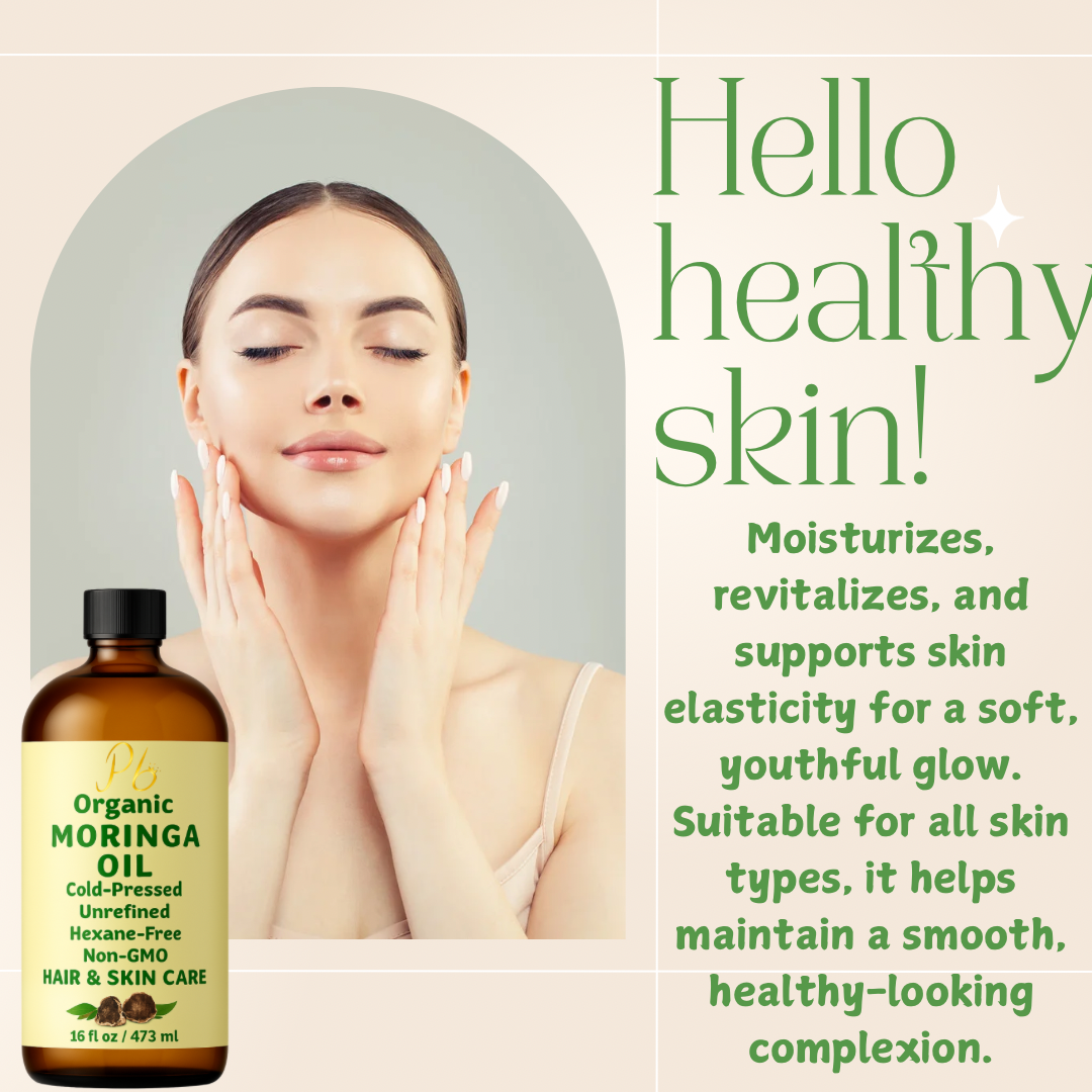 Organic Moringa Oil – 16 fl oz Bulk Size | Cold-Pressed & Unrefined | Anti-Aging Facial Oil | Wrinkle Reduction, Skin Firming, Hair & Scalp Moisturizer | Glass Bottle with Pump