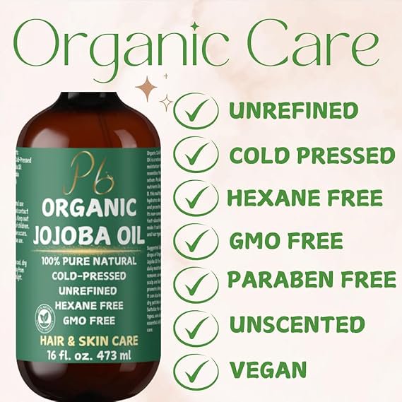 Pomberries Organic Jojoba Oil, 100% Pure & Natural Cold-Pressed Oil for Face, Body, Hair & Nails - Hexane-Free Carrier Oil, Anti-Aging, Skin Moisturizer & Hair Growth - 16 fl oz Bulk Glass Bottle with Pump