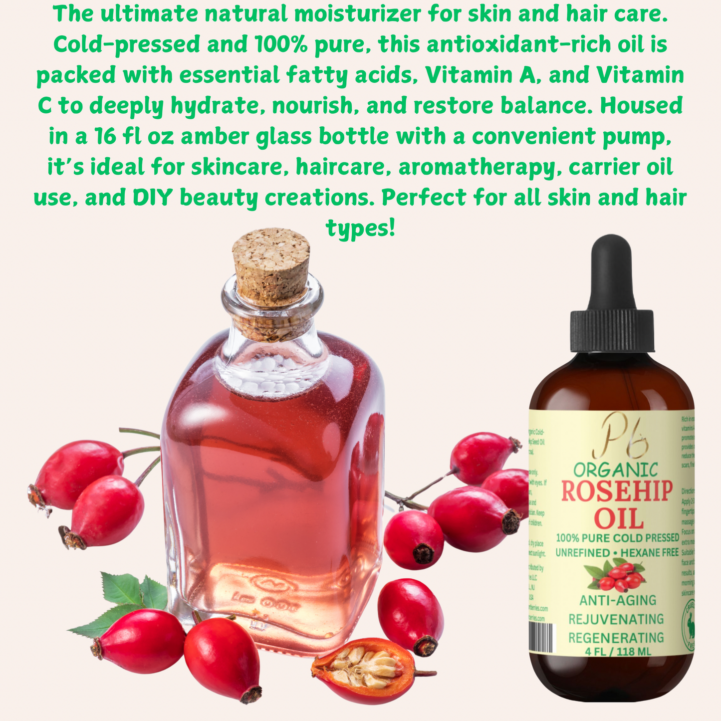 Rosehip Oil for Face & Skin, Organic Rose Hip Seed Face Oil for Anti-Aging, Reduces Appearance of Wrinkles, Rich In Vitamin C, Retinol & Fatty Acids, Carrier Oil- Glass Bottle 4 fl oz