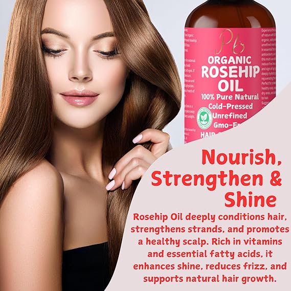 Pomberries Organic Rosehip Seed Oil, 100% Pure & Cold-Pressed, Natural Face Oil for Anti-Aging, Scar Treatment, Skin Moisturizer & Hair Care - Extra Virgin Rosehip Oil 16 fl oz Bulk Glass Bottle with Pump