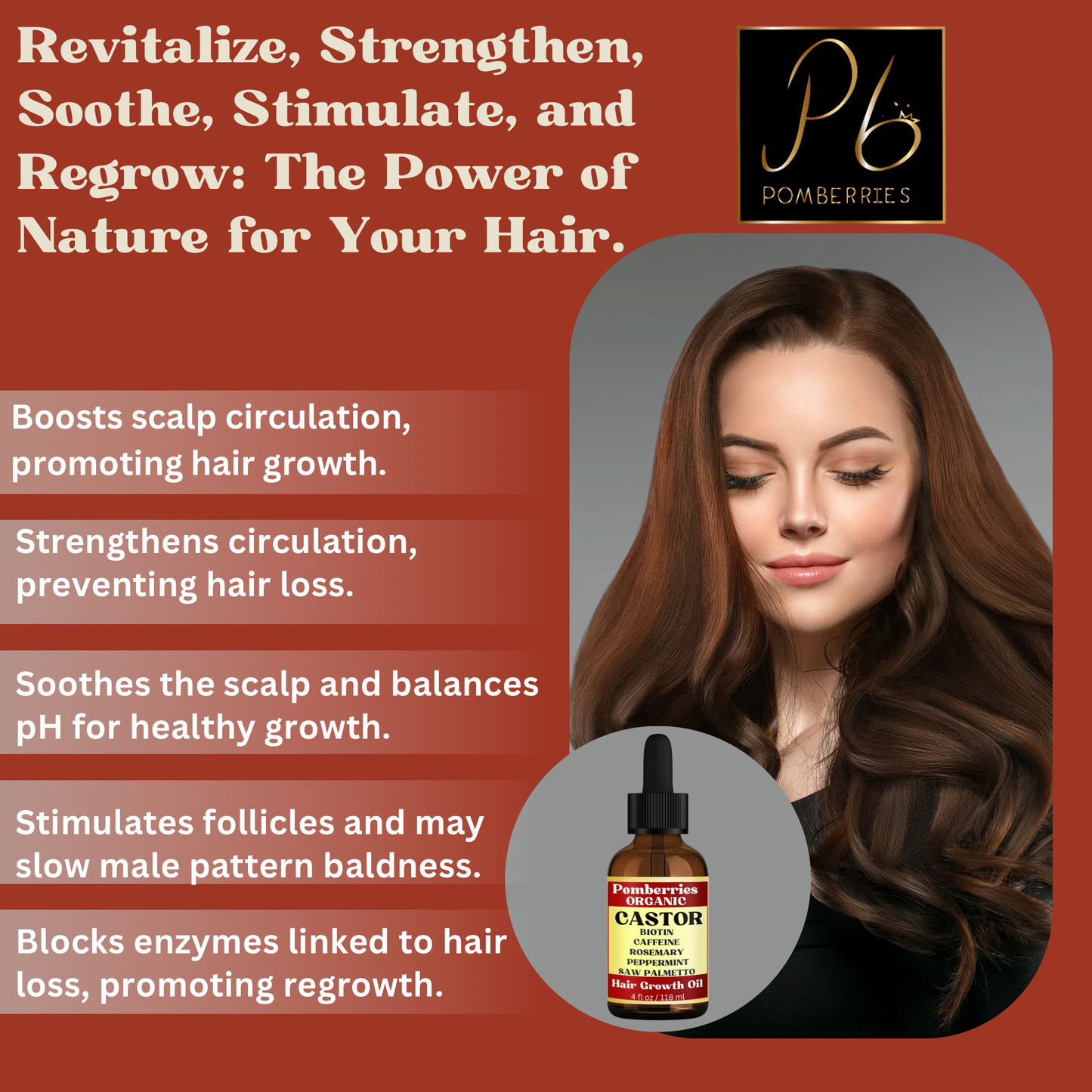 Pomberries Organic Castor Oil with Rosemary, Mint, Caffeine, and Saw Palmetto Scalp & Hair Oil, Treatment, Stimulate Growth for Eyebrows & Hair, Reduce Hair Loss, Revitalize & Strengthen, 4 fl oz( with Scalp Massager)