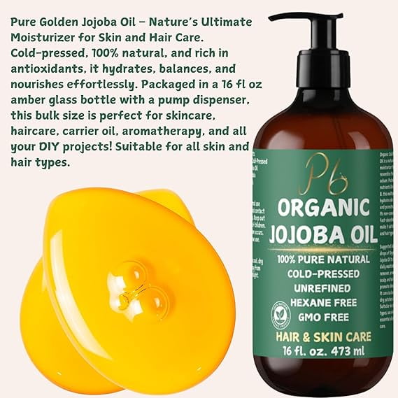 Pomberries Organic Jojoba Oil, 100% Pure & Natural Cold-Pressed Oil for Face, Body, Hair & Nails - Hexane-Free Carrier Oil, Anti-Aging, Skin Moisturizer & Hair Growth - 16 fl oz Bulk Glass Bottle with Pump