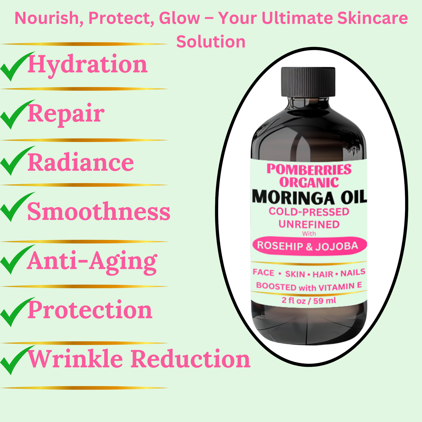 Premium Organic Cold-Pressed Moringa Oil, with Organic Rosehip Oil, & Jojoba Oil, Unrefined & Nutrient-Rich for Skin, Hair & Body, Anti-Aging, Face Oil, Natural Moisturizer, Boosted with Vitamin E