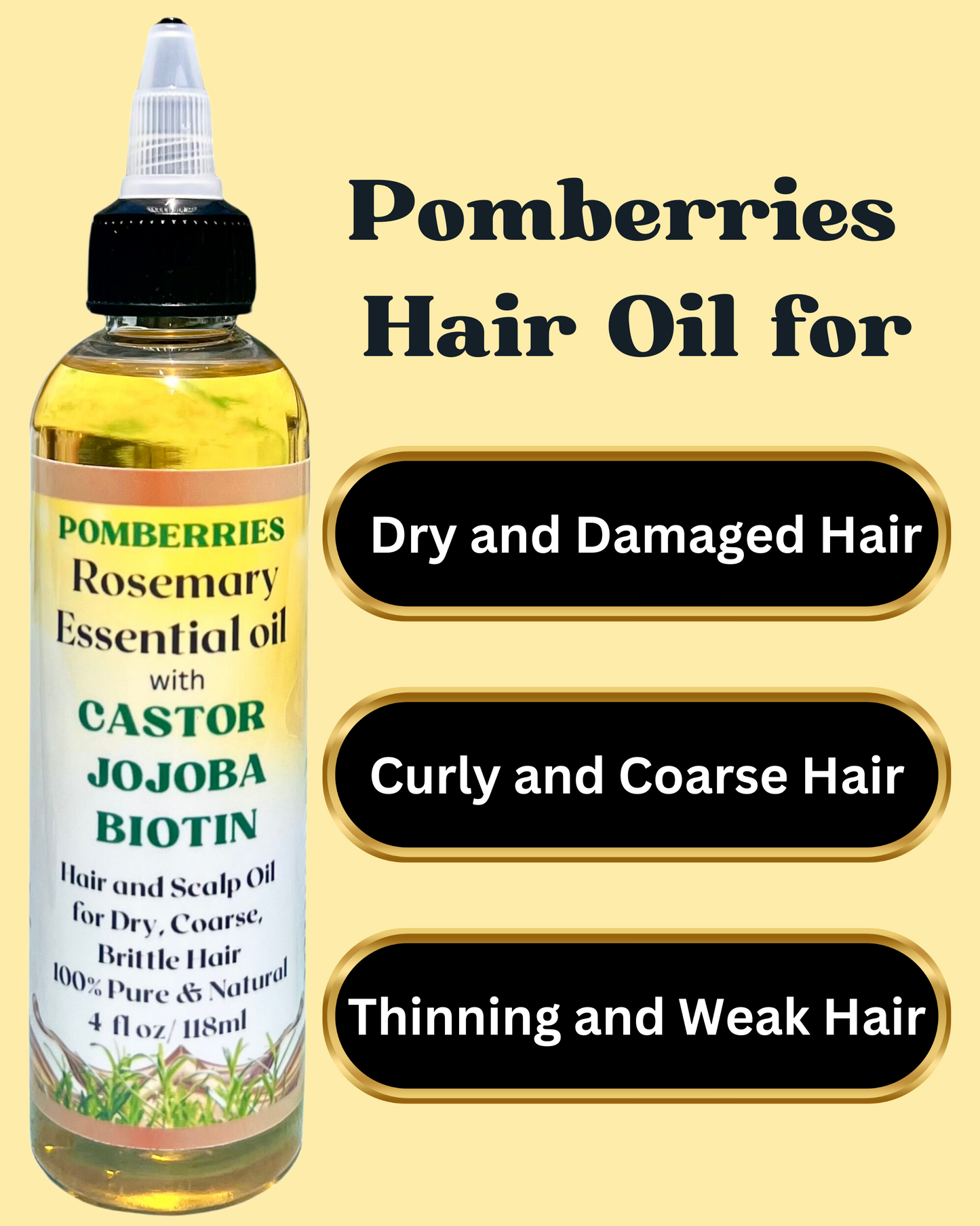 Pomberries Rosemary Essential Oil with Castor & Biotin Scalp & Hair Oil for Wavy, Curly, Coily Hair, Hair Loss Treatment with Argan, Panthenol & Jojoba for Weak, Thinning Hair 4 fl oz