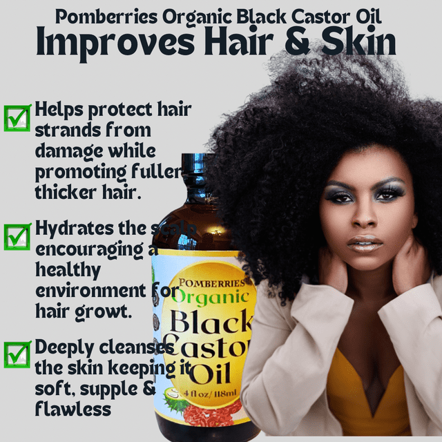 Organic Black Castor Oil 100% Pure Hair Oil, Hexane Free, Fuller Eyelashes & Eyebrows, Moisturizes, Cleanses Skin, Organic Carrier Oil 4 fl oz Glass Bottle