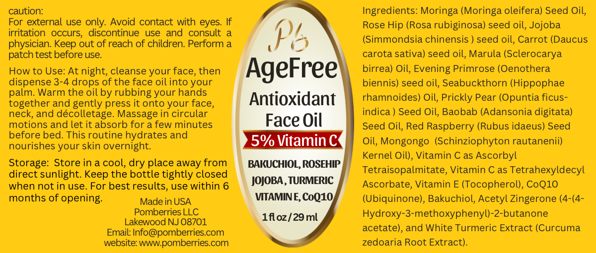 PomBerries AgeFree Antioxidant Face Oil with 5% Vitamin C- Anti-Aging, Hydrating, Rejuvenating - Moringa, Rosehip, Jojoba, Bakuchiol, Carrot Seed Oil, Vitamin E, CoQ10 - 1 fl. oz / 30 ml