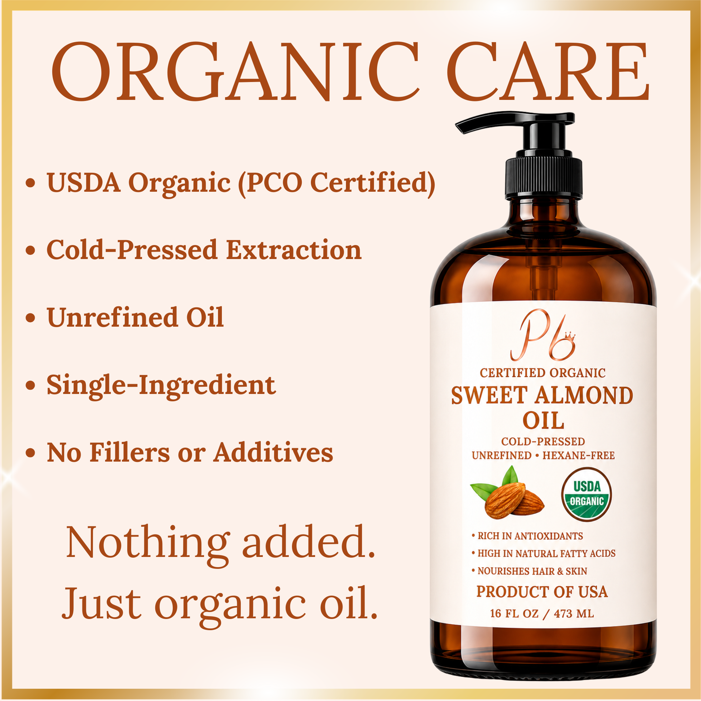 Organic Sweet Almond Oil for Hair & Skin – USDA Organic, Cold-Pressed, Unrefined – California Grown Almond Oil Bottled in USA – 16 fl oz Glass Bottle