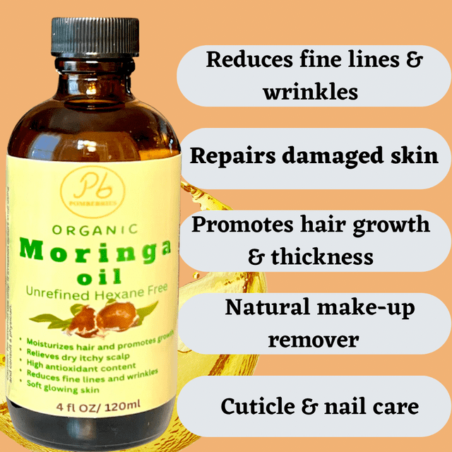 Pomberries Organic Moringa Oil, Cold Pressed, Extra Virgin, 100% Pure Natural for Hair, Skin by Pomberries 4 fl oz Amber Glass Bottle