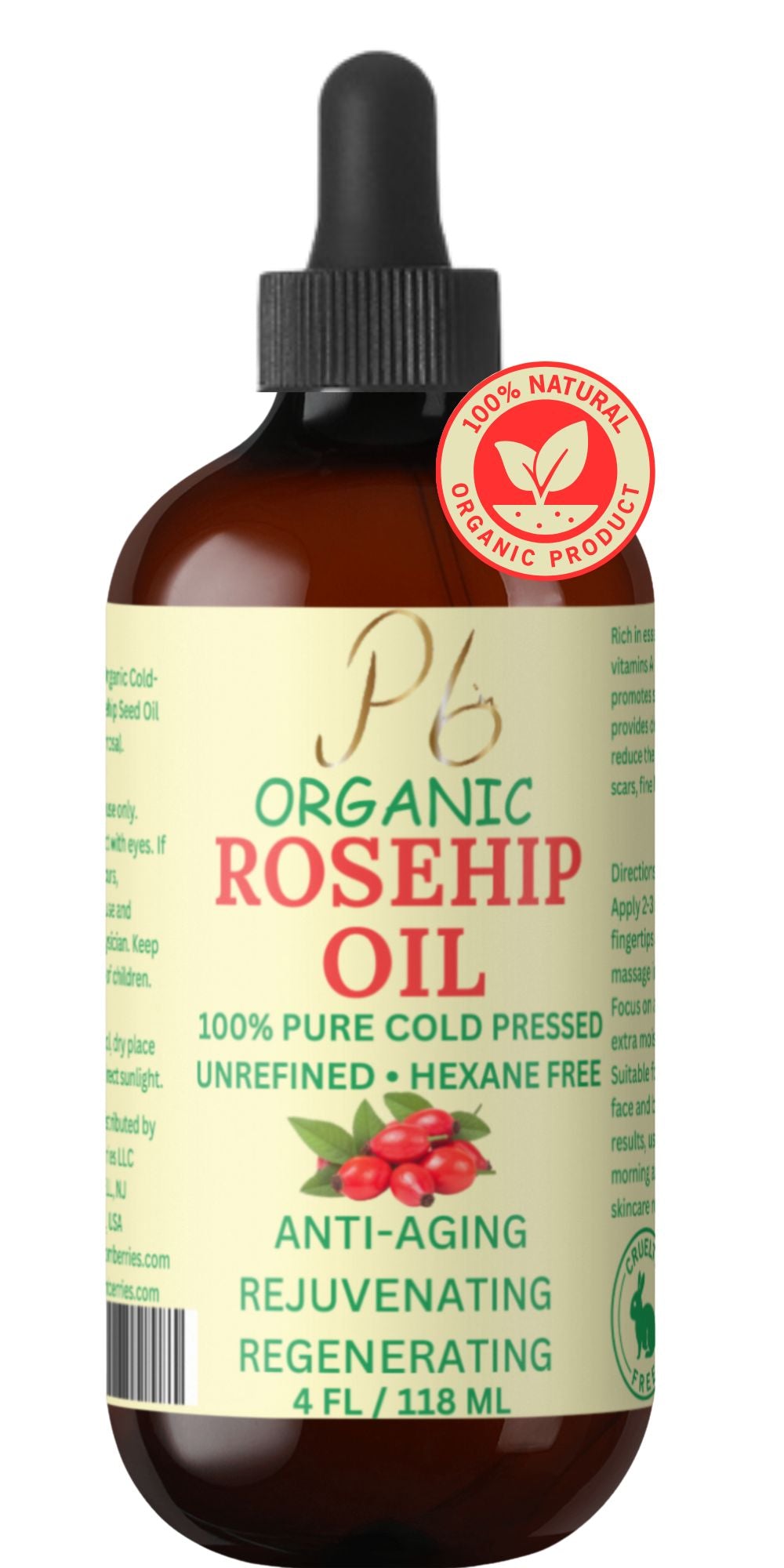 Rosehip Oil for Face & Skin, Organic Rose Hip Seed Face Oil for Anti-Aging, Reduces Appearance of Wrinkles, Rich In Vitamin C, Retinol & Fatty Acids, Carrier Oil- Glass Bottle 4 fl oz