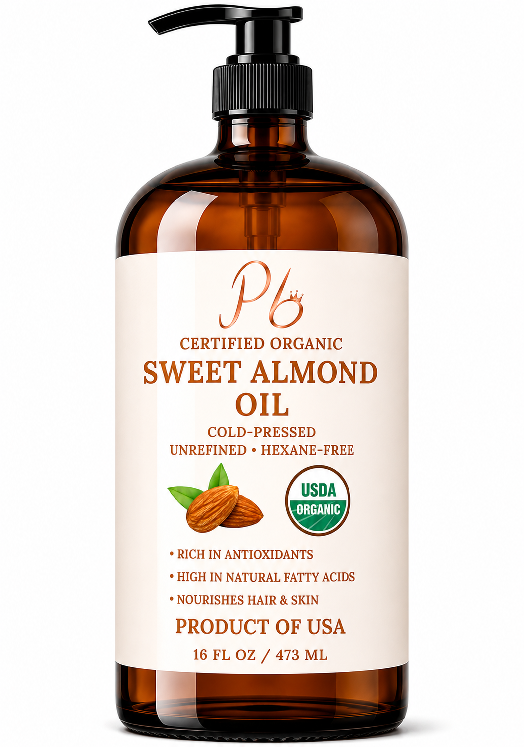 Organic Sweet Almond Oil for Hair & Skin – USDA Organic, Cold-Pressed, Unrefined – California Grown Almond Oil Bottled in USA – 16 fl oz Glass Bottle