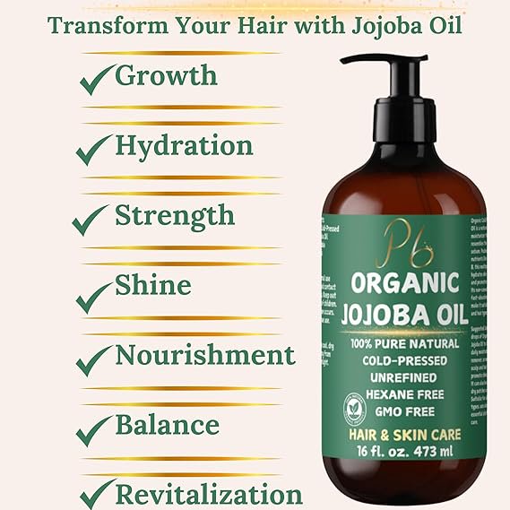 Pomberries Organic Jojoba Oil, 100% Pure & Natural Cold-Pressed Oil for Face, Body, Hair & Nails - Hexane-Free Carrier Oil, Anti-Aging, Skin Moisturizer & Hair Growth - 16 fl oz Bulk Glass Bottle with Pump