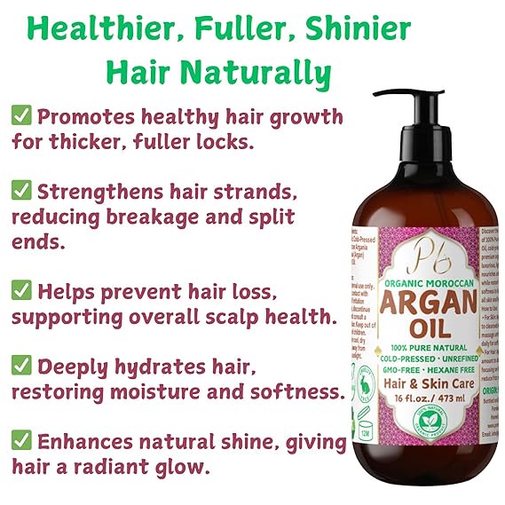 Pomberries Organic Moroccan Argan Oil – 100% Pure Argan Oil, Cold Pressed, Extra Virgin, Unrefined, Argan Oil for Hair, Face, Skin, Scalp & Body, Argan Hair Treatment, Glass Bottle with Pump 16 fl oz