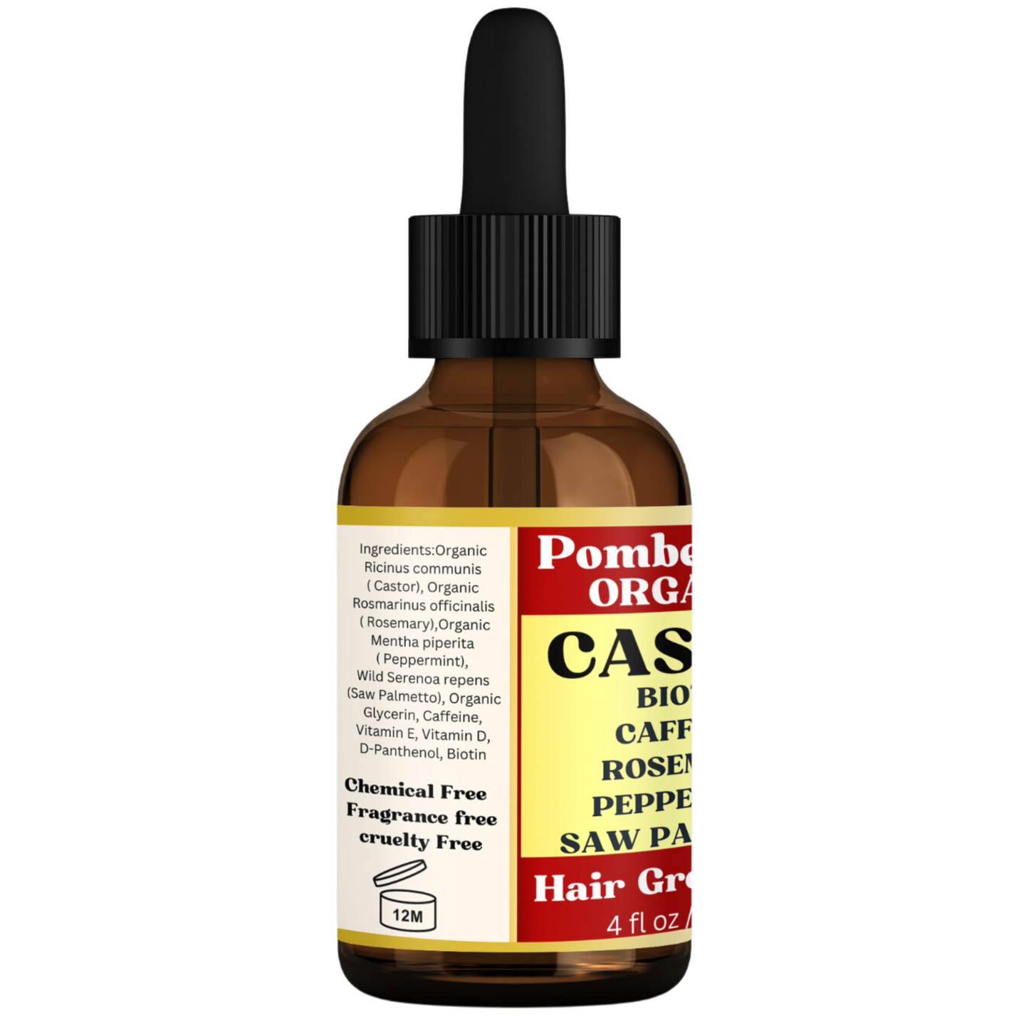 Pomberries Organic Castor Oil with Rosemary, Mint, Caffeine, and Saw Palmetto Scalp & Hair Oil, Treatment, Stimulate Growth for Eyebrows & Hair, Reduce Hair Loss, Revitalize & Strengthen, 4 fl oz( with Scalp Massager)