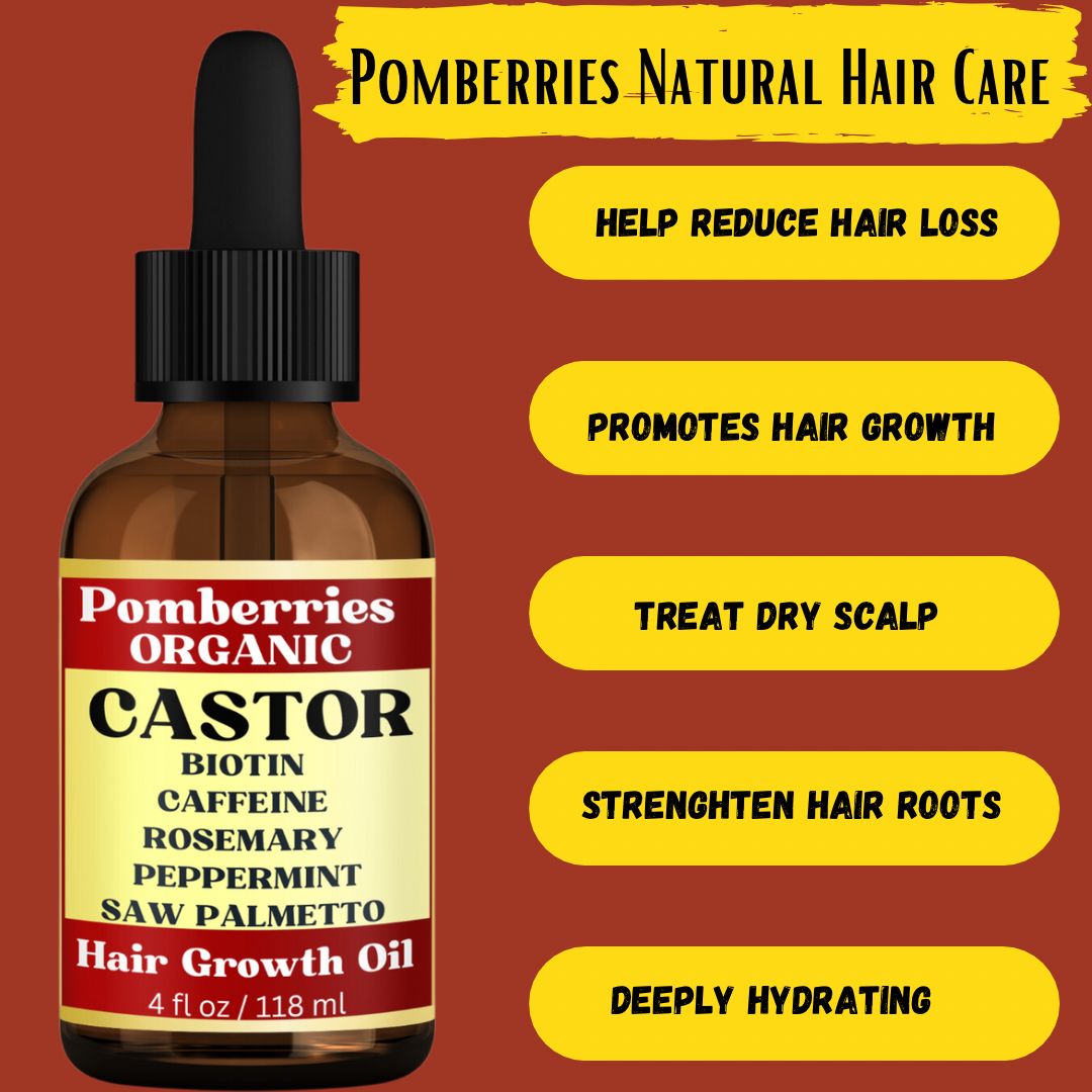 Pomberries Organic Castor Oil with Rosemary, Mint, Caffeine, and Saw Palmetto Scalp & Hair Oil, Treatment, Stimulate Growth for Eyebrows & Hair, Reduce Hair Loss, Revitalize & Strengthen, 4 fl oz( with Scalp Massager)